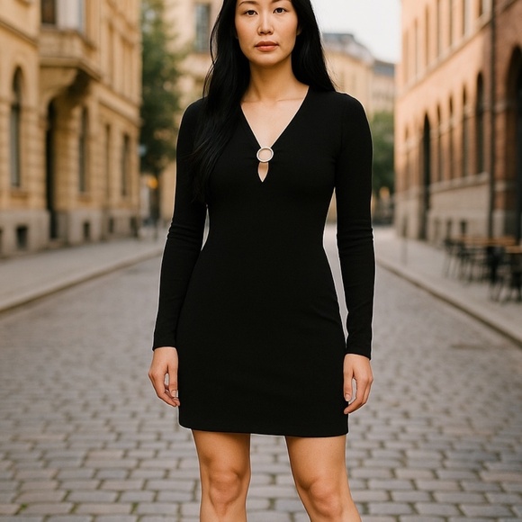 MICHAEL Michael Kors Black V-Neck Keyhole Dress Long Sleeve Medium - Picture 1 of 8